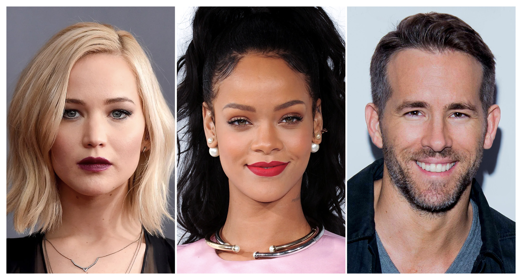 collage de jennifer lawrence, rihanna et ryan reynolds