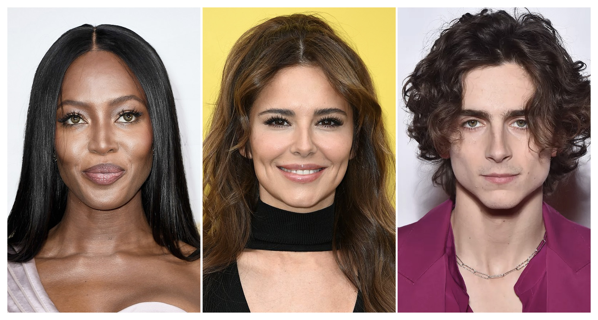 collage van naomi Campbell, cheryl Cole, timothée chalamet