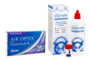 Air Optix Plus Hydraglyde Multifocal (3 lentilles) + Oxynate Peroxide 380 ml avec étui